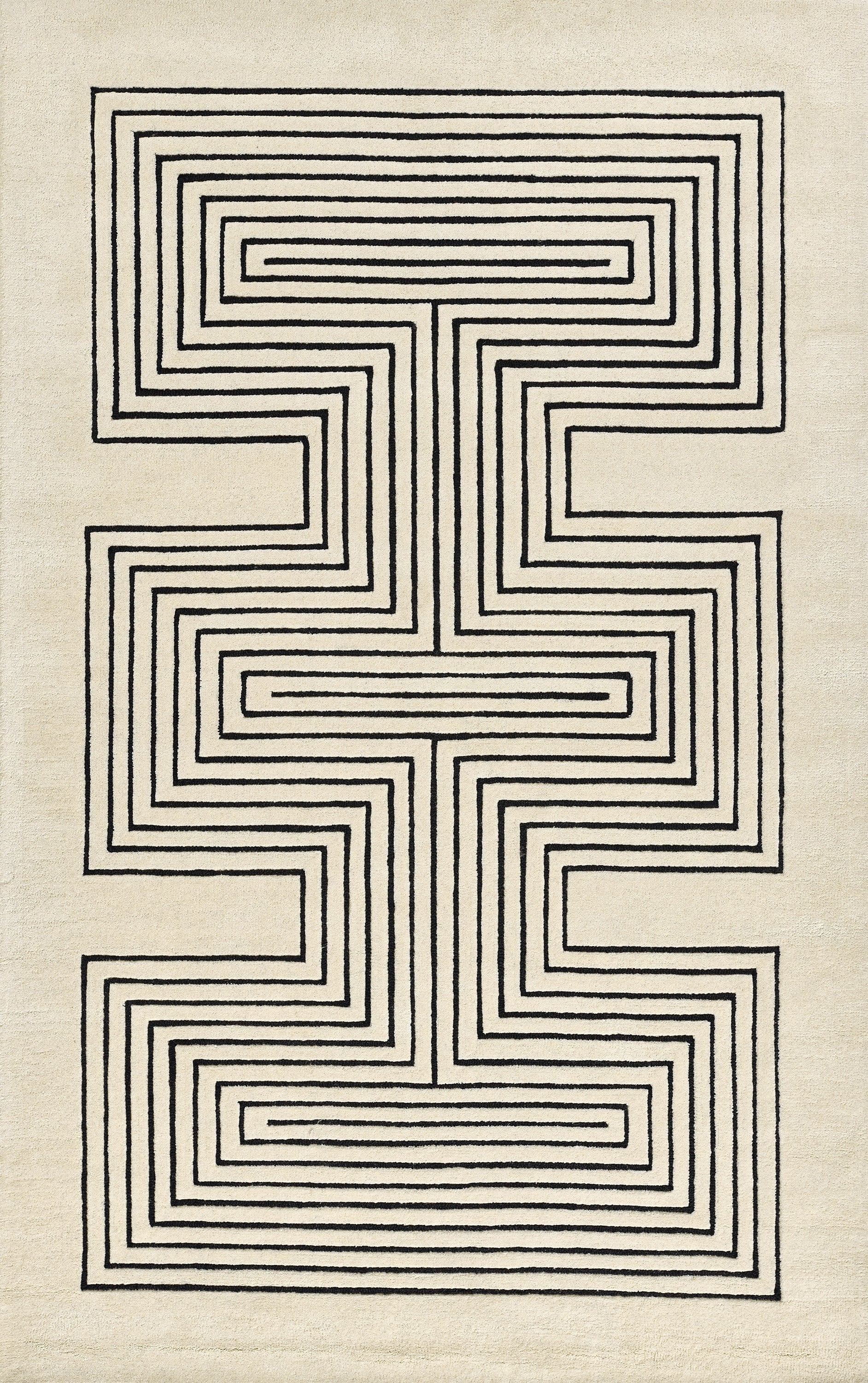 Cream flat-weave rug with a bold black geometric maze pattern, modern rectangular design.