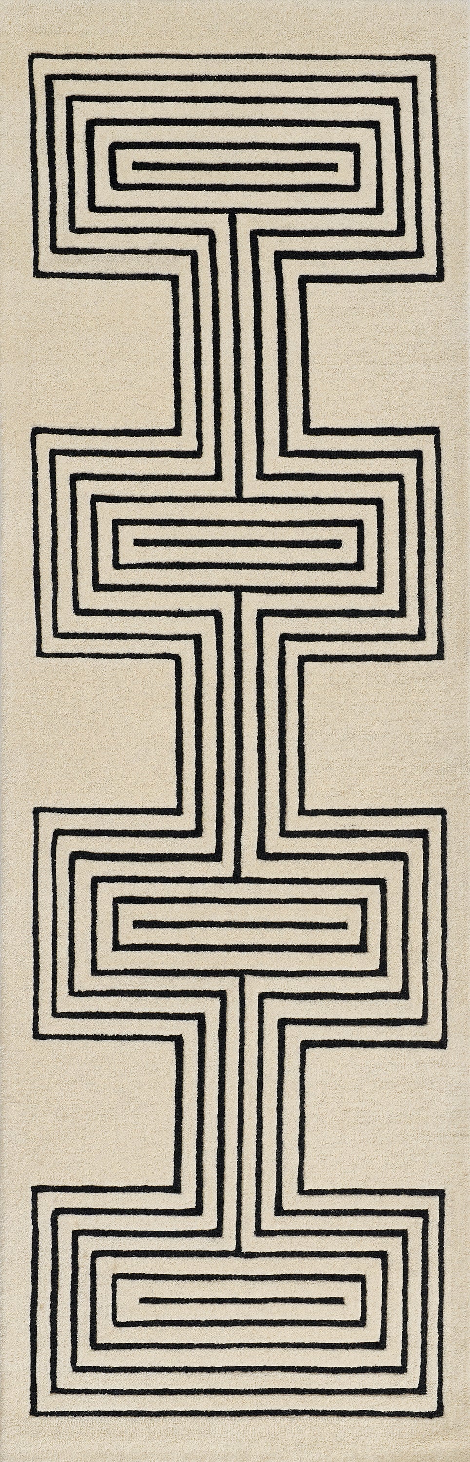Beige textile featuring a vertical chain of black nested rectangle spirals; modern geometric rug, 2' x 3'.