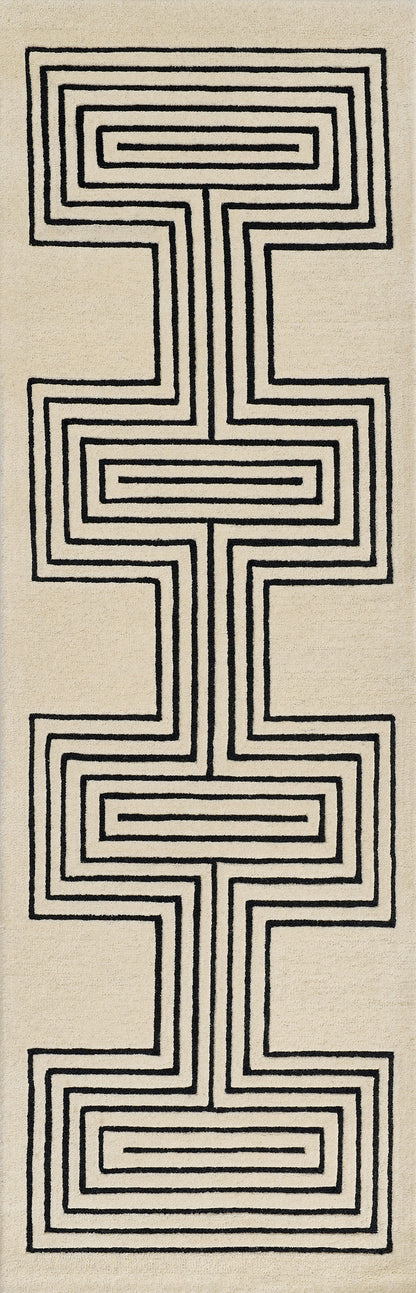 Beige rug runner with a vertical row of interconnected black square-spiral patterns forming a geometric maze.