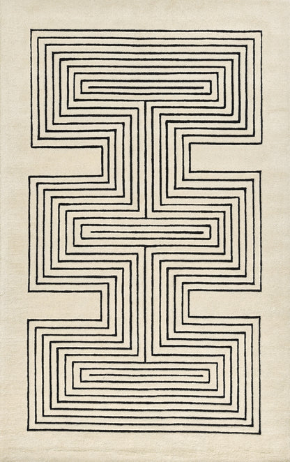 Beige area rug with a bold black geometric maze pattern and vertical symmetry in a modern minimalist style.