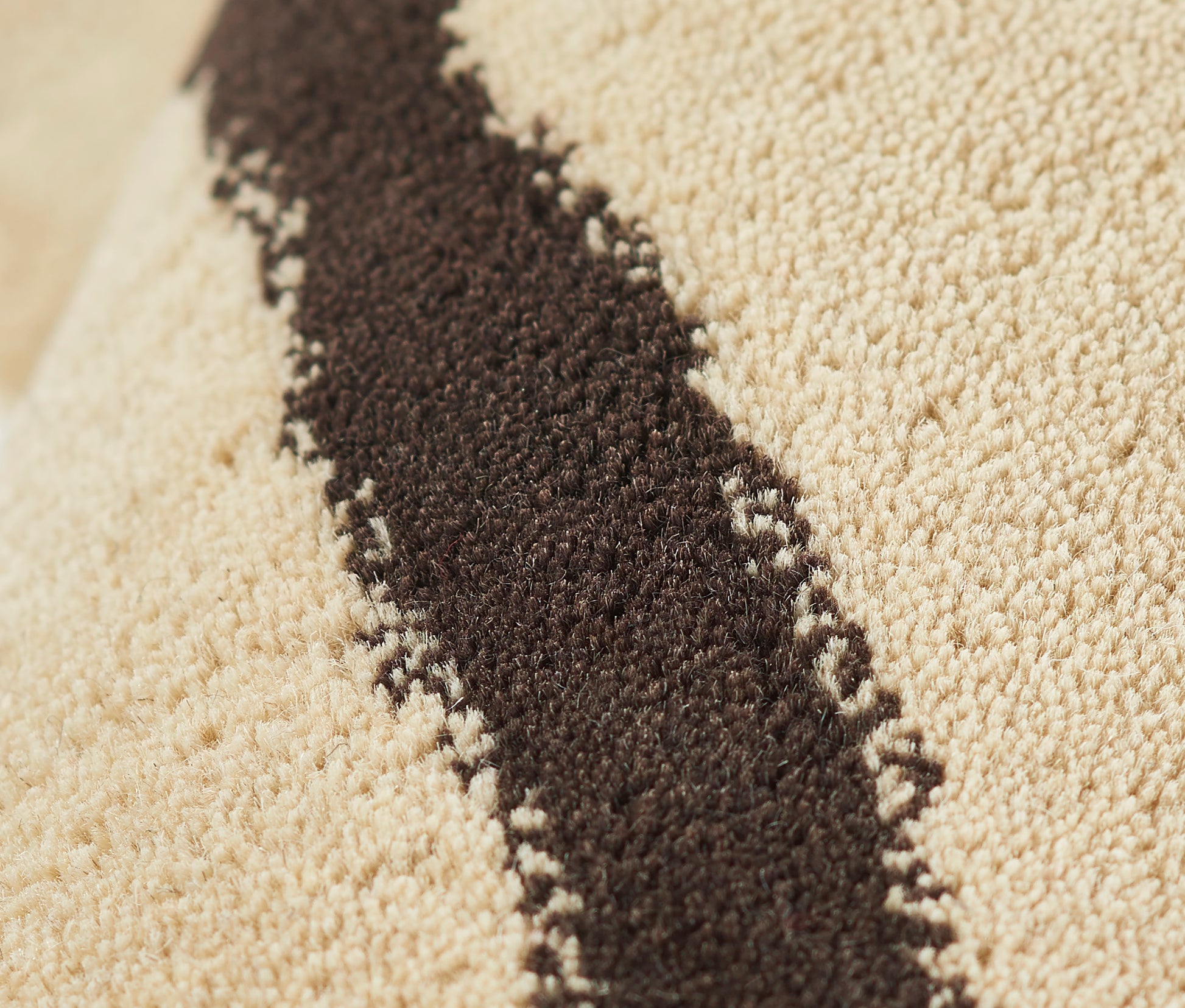 Beige plush rug with a dark brown diagonal stripe; tufted texture, modern geometric pattern.