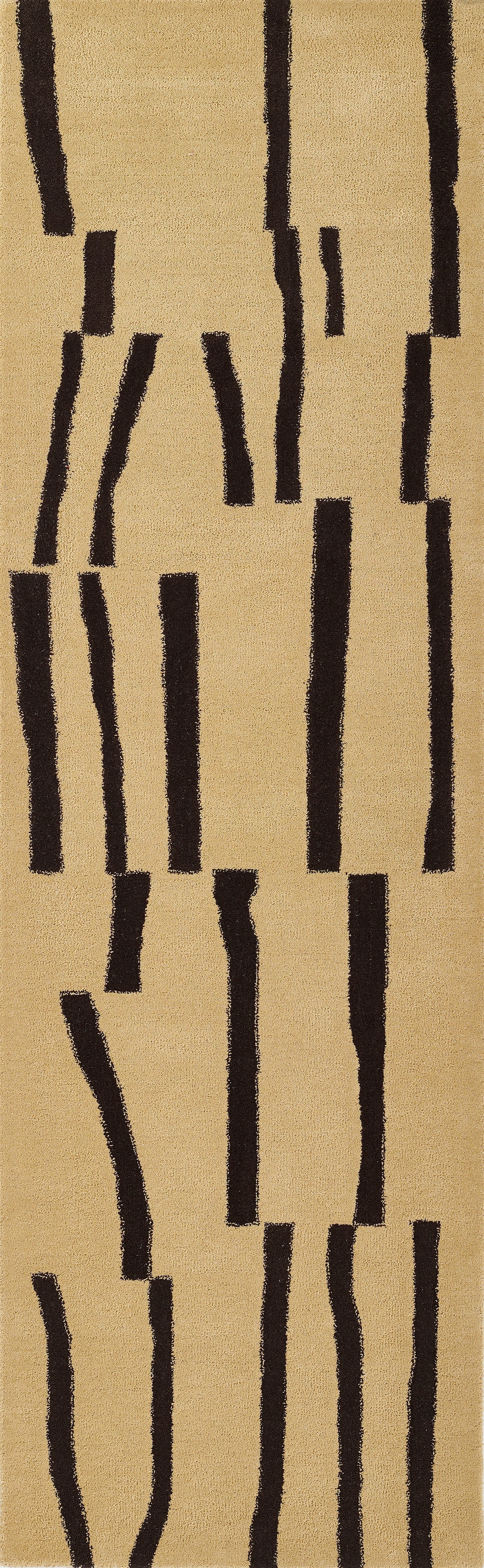Tan runner rug with irregular black brushstroke vertical lines for a modern abstract look.