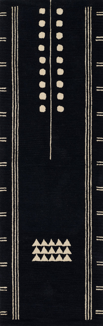 Black and beige geometric-patterned runner rug with vertical stripes, dotted column, and stacked triangles; 3' x 8' runner, modern tribal design.