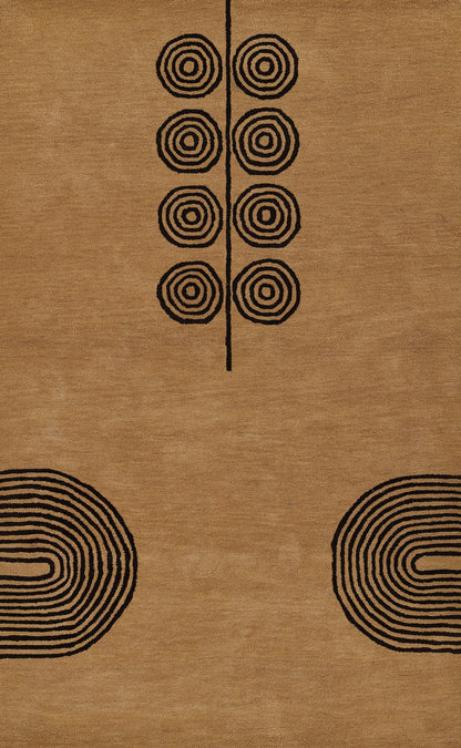 Beige rug with black concentric-circle motifs along a central vertical line, paired on both sides and large rings at corners.