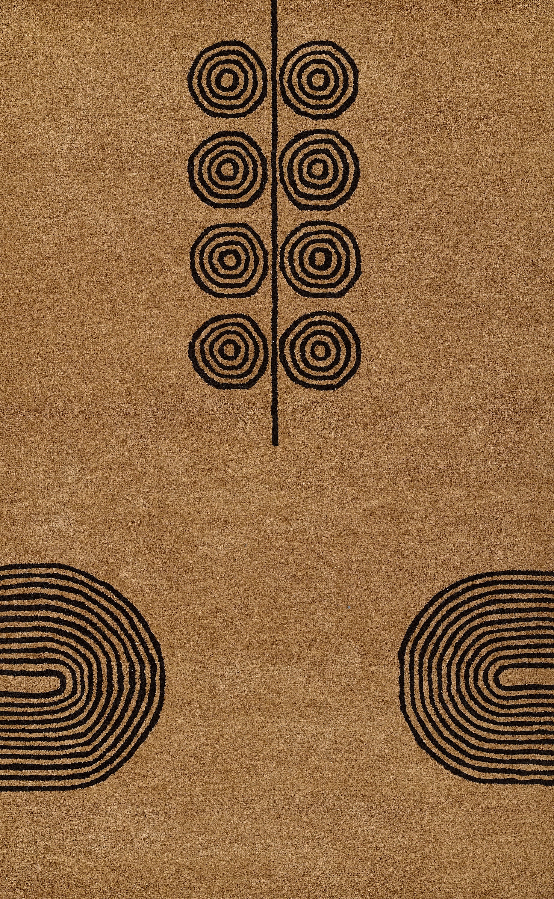 Beige woven rug with black concentric spirals in bottom corners and a vertical line of circles; bold geometric design.