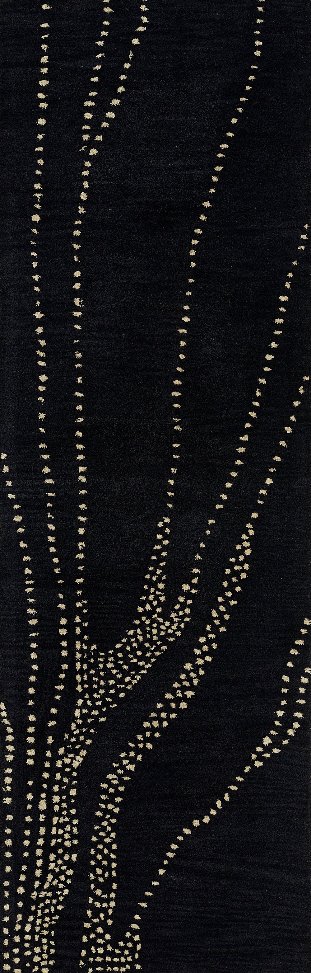 Black fabric with gold bead-dotted branching lines forming an abstract botanical motif.