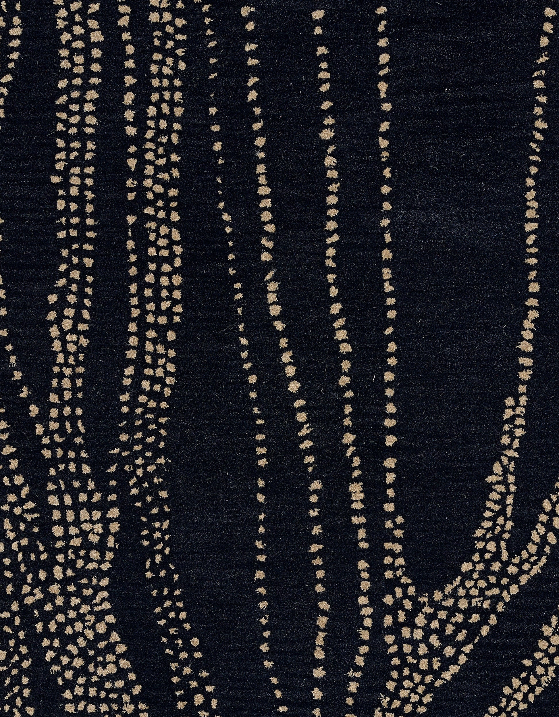 Navy woven runner rug with beige dotted vertical stripe pattern; abstract modern floor textile.