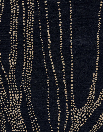 Navy rug with beige dotted vertical stripe pattern; woven textile, contemporary decor.