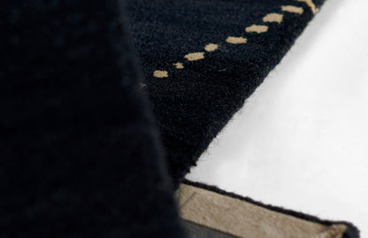 Close-up of black rug edge with beige dotted trim against a white surface.