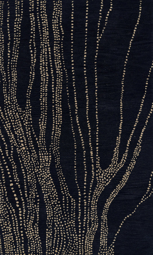 Navy rug with beige dotted lines forming an abstract tree-branch pattern; modern textured weave.