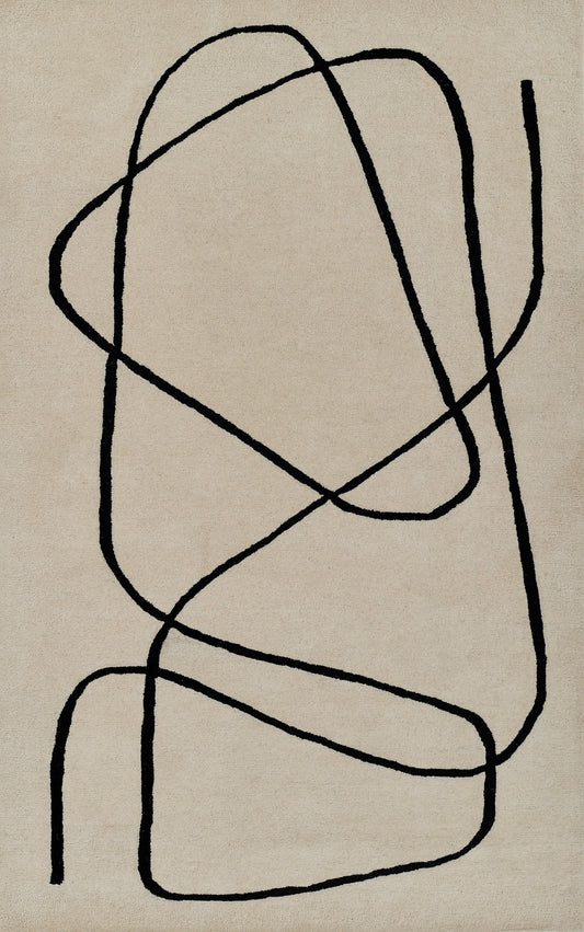 Beige rug with bold black looping line abstract pattern; modern geometric floor decor.