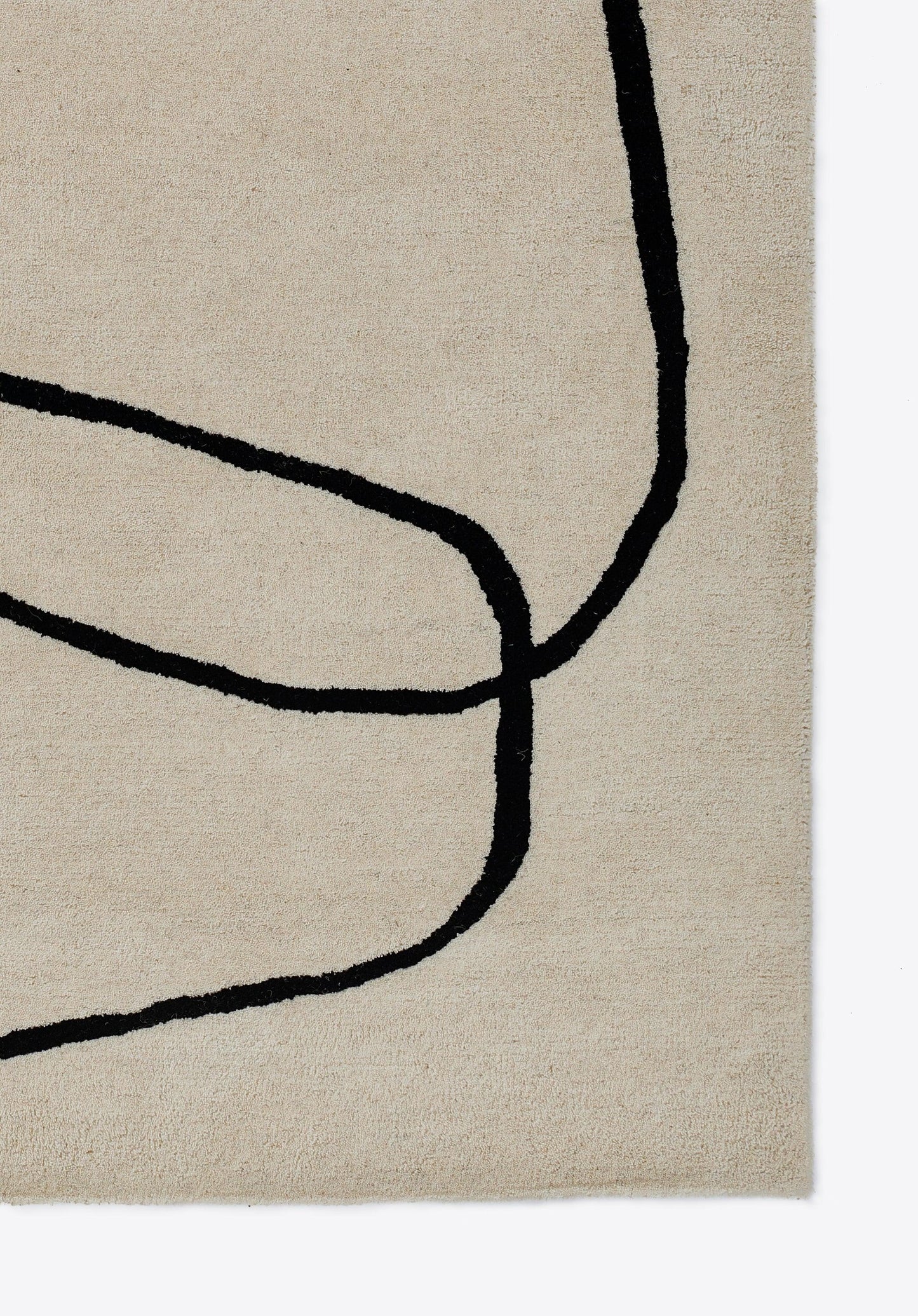 Beige textured rug with bold black abstract curved lines forming a modern minimalist pattern.
