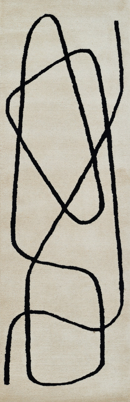Beige fabric with thick black abstract looping lines; modern rug or wall hanging.