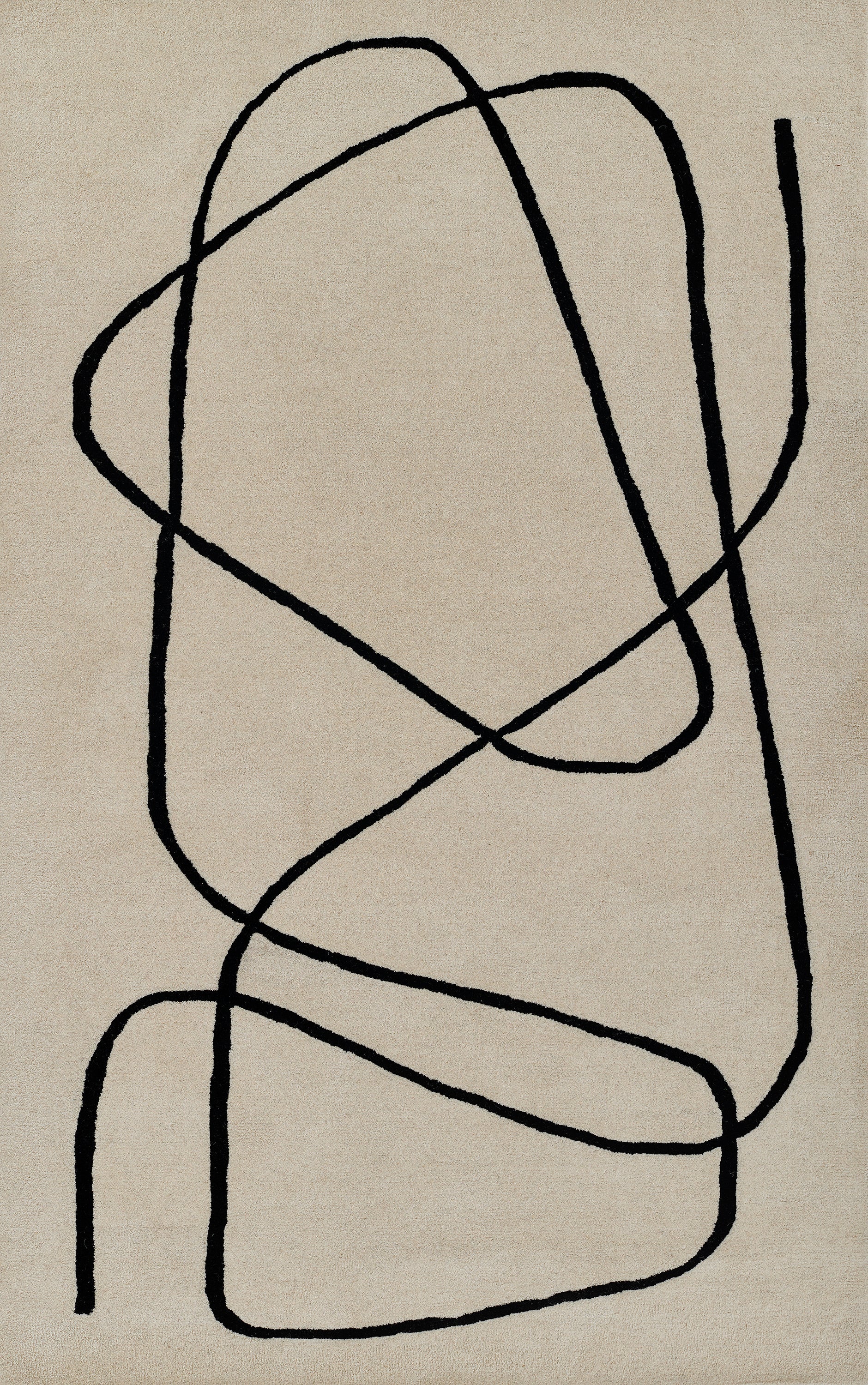 Beige textured rug featuring an abstract bold black looping line design.