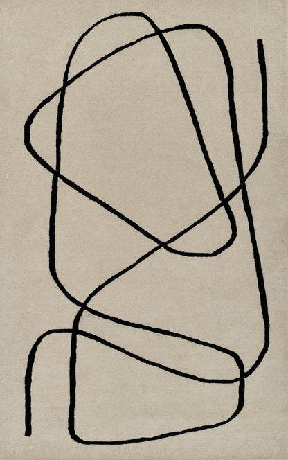 Beige rug with a bold black continuous line abstract motif that loops across the surface.