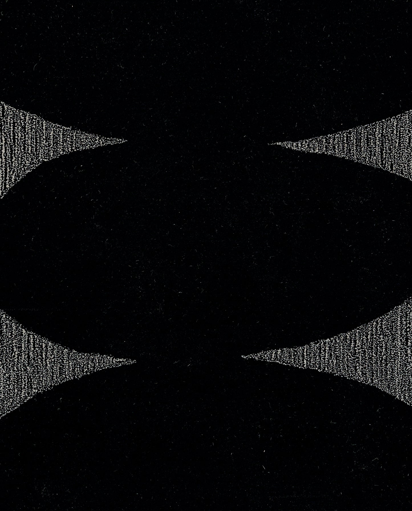 2' x 3' rug with two symmetrical black crescent shapes on a speckled gray backdrop, bold abstract design.