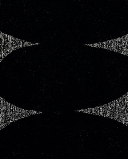 Black rug with symmetrical curved gray textured pattern; abstract minimalist design. Size 3'6" x 5'6