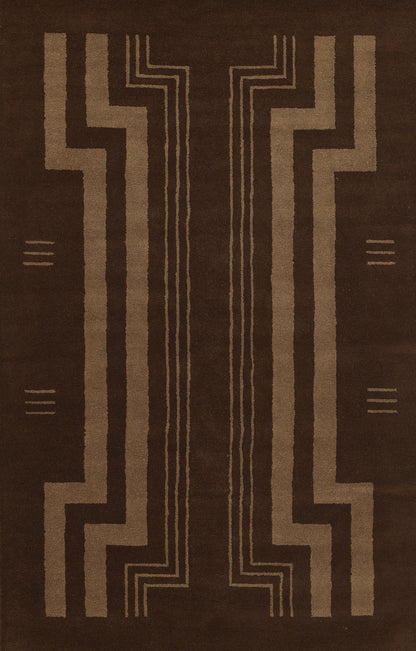 Brown rectangular area rug with tan geometric stepped lines and a mirrored central motif; modern tribal/Art Deco style, 5' x 8'.