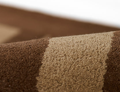 Close-up of brown and beige striped rug with plush loop-pile texture; 2' x 3' living room rug.