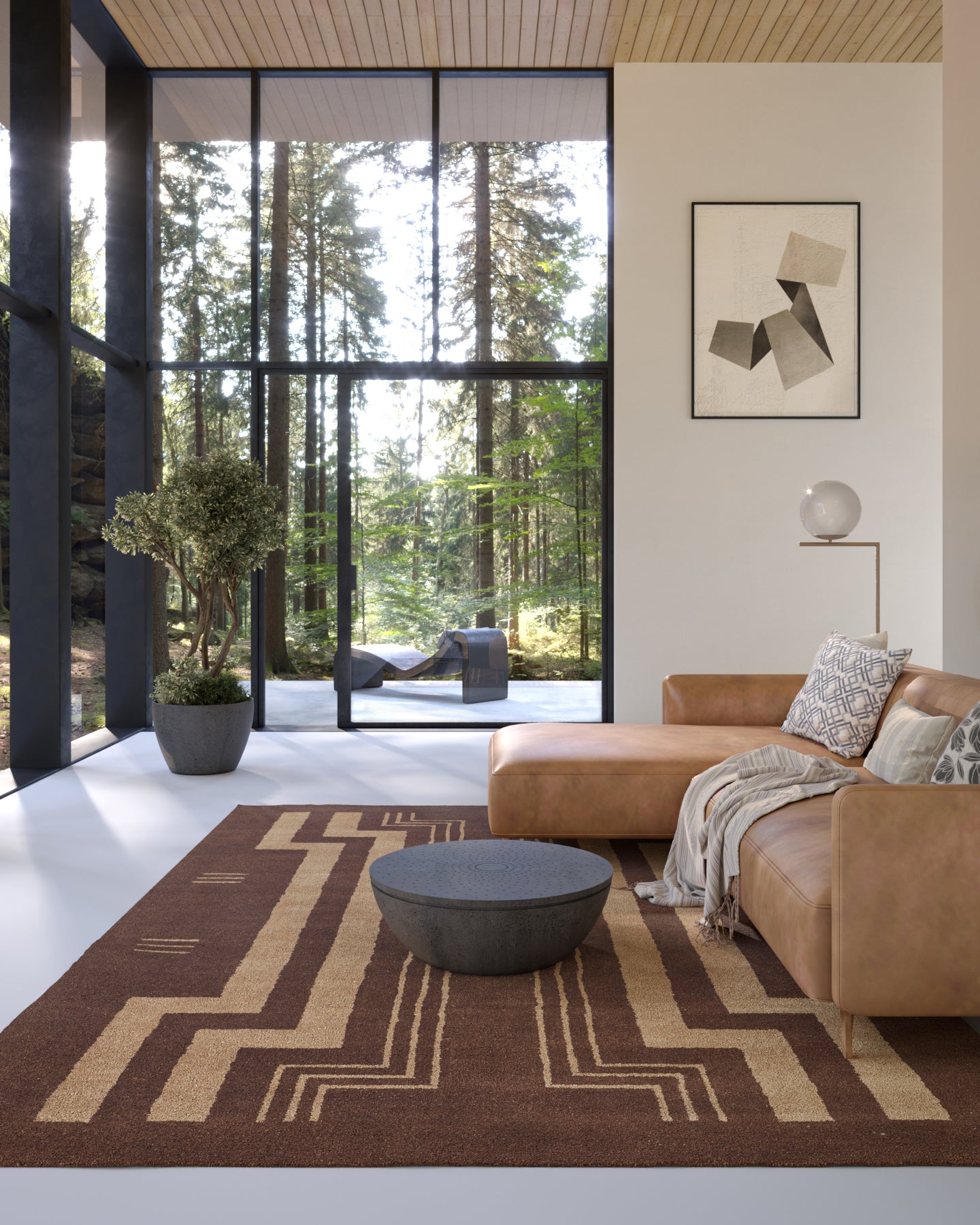 Sunlit contemporary living room with floor-to-ceiling windows, tan leather sectional, dark round ottoman, and a geometric brown rug (5' x 8').