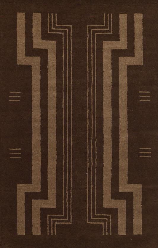 Brown rug with tan geometric stepped lines forming a symmetrical central motif; modern Art Deco style.