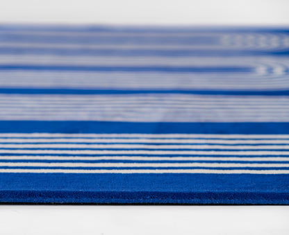 Soft blue striped rug with white lines and a dark blue edge, close-up textile texture.