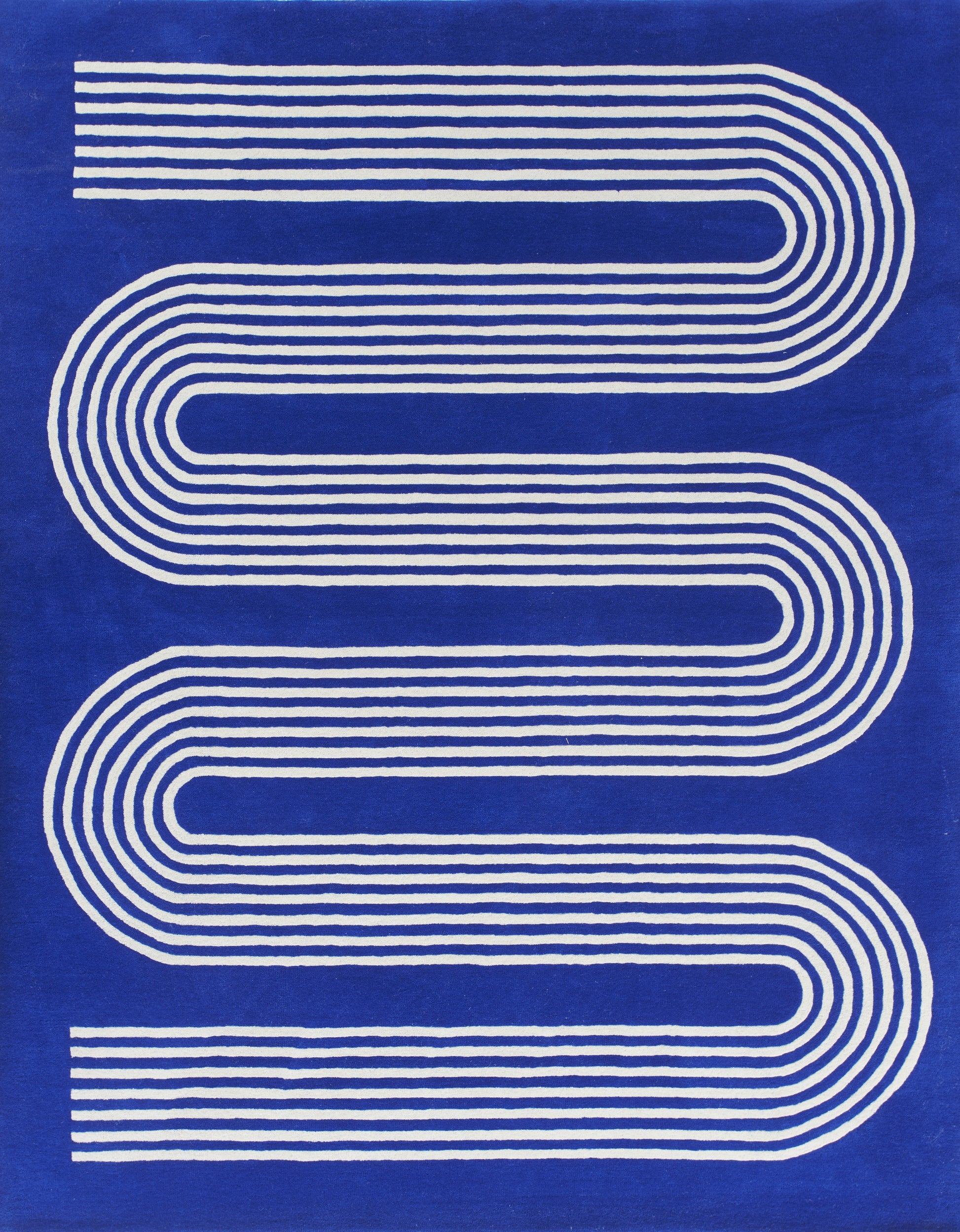 Blue abstract wall art poster with white multi-line curved S-shaped geometric banding.