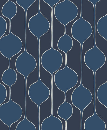 Dark navy background with mid-blue teardrop shapes outlined in pale cream; repeating lattice wallpaper or fabric print.