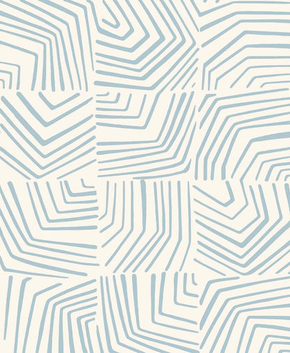 Blue linework maze geometric pattern on a light background with abstract zigzag lines, suitable for wallpaper or fabric.
