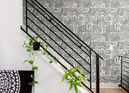 Linework maze geometric design in black on a white background; contemporary wall art with a black matte finish.