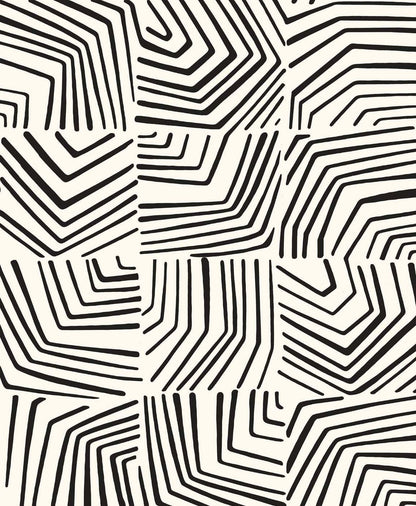 Monochrome linework pattern with matte black lines forming a square-tiled maze on a cream background; contemporary geometric design for fabric or wallpaper.