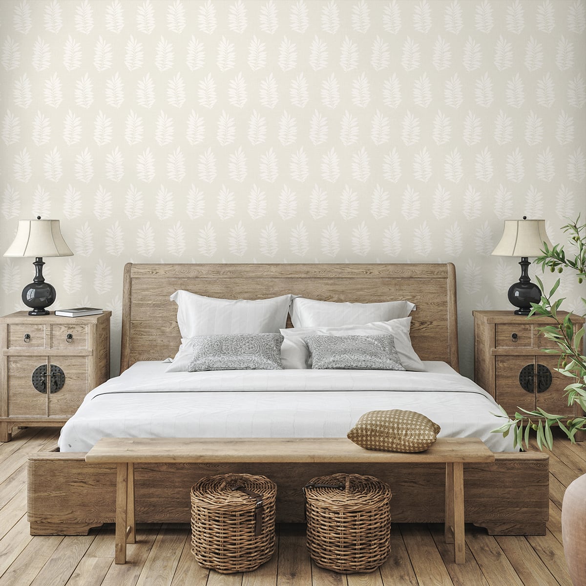 Off-white matte Pinnate silhouette botanical wallpaper with a subtle contemporary pattern