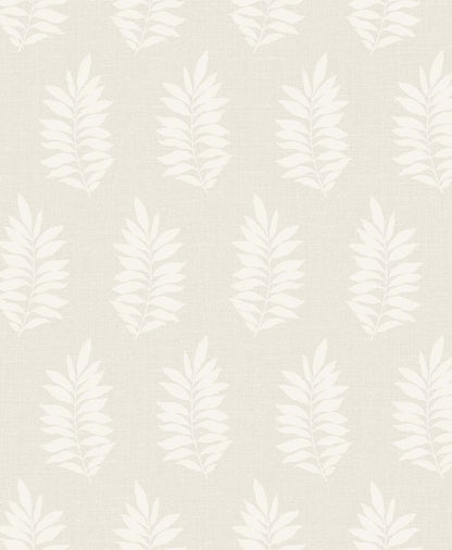 Cream linen-textured wallpaper with repeating white fern leaf motifs.