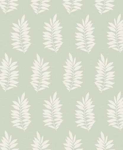 Mint green fabric with white pinnate fern leaf silhouettes in a repeating botanical pattern.