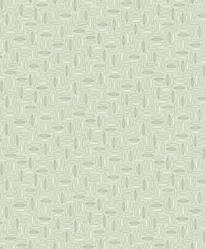 Mint green wallpaper with repeating olive oval shapes in a retro geometric pattern for walls.