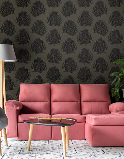 Dark tropical palm leaf wallpaper in black matte finish.