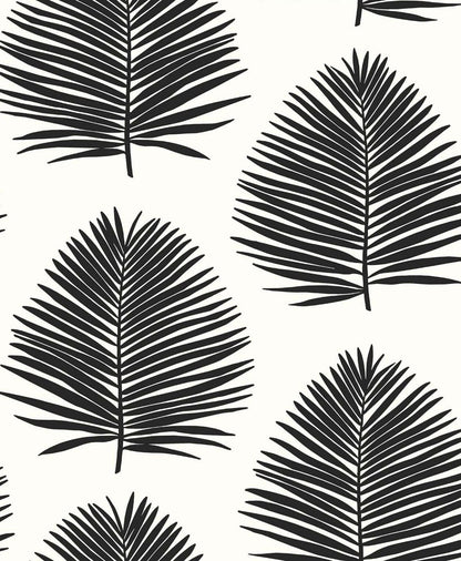 Repeating black palm leaf silhouettes on cream background; tropical minimalist print for fabric or wallpaper.