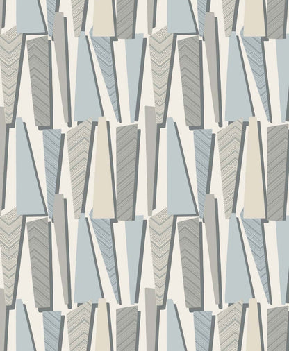 Geometric repeating pattern of tall triangles in light blue, gray & cream with textured chevron lines.