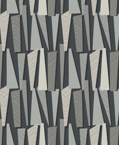 Geometric wallpaper pattern of tall chevron triangles in charcoal, gray and beige tones, repeating.