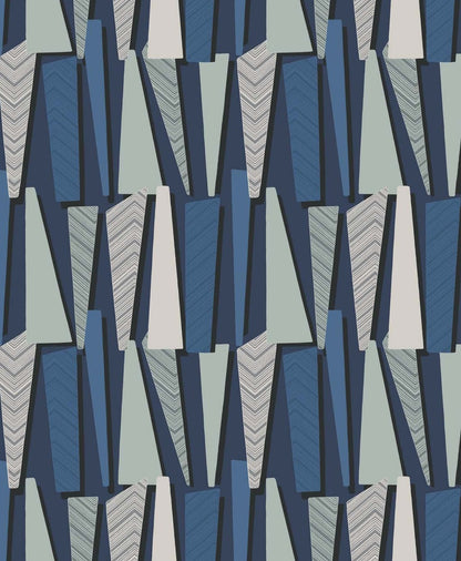 Abstract geometric pattern of stacked blue and gray chevron triangles with solid and striped fills.