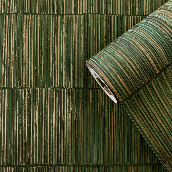 Green striped bamboo mat rolled at the edge; woven texture, great for table or decor.