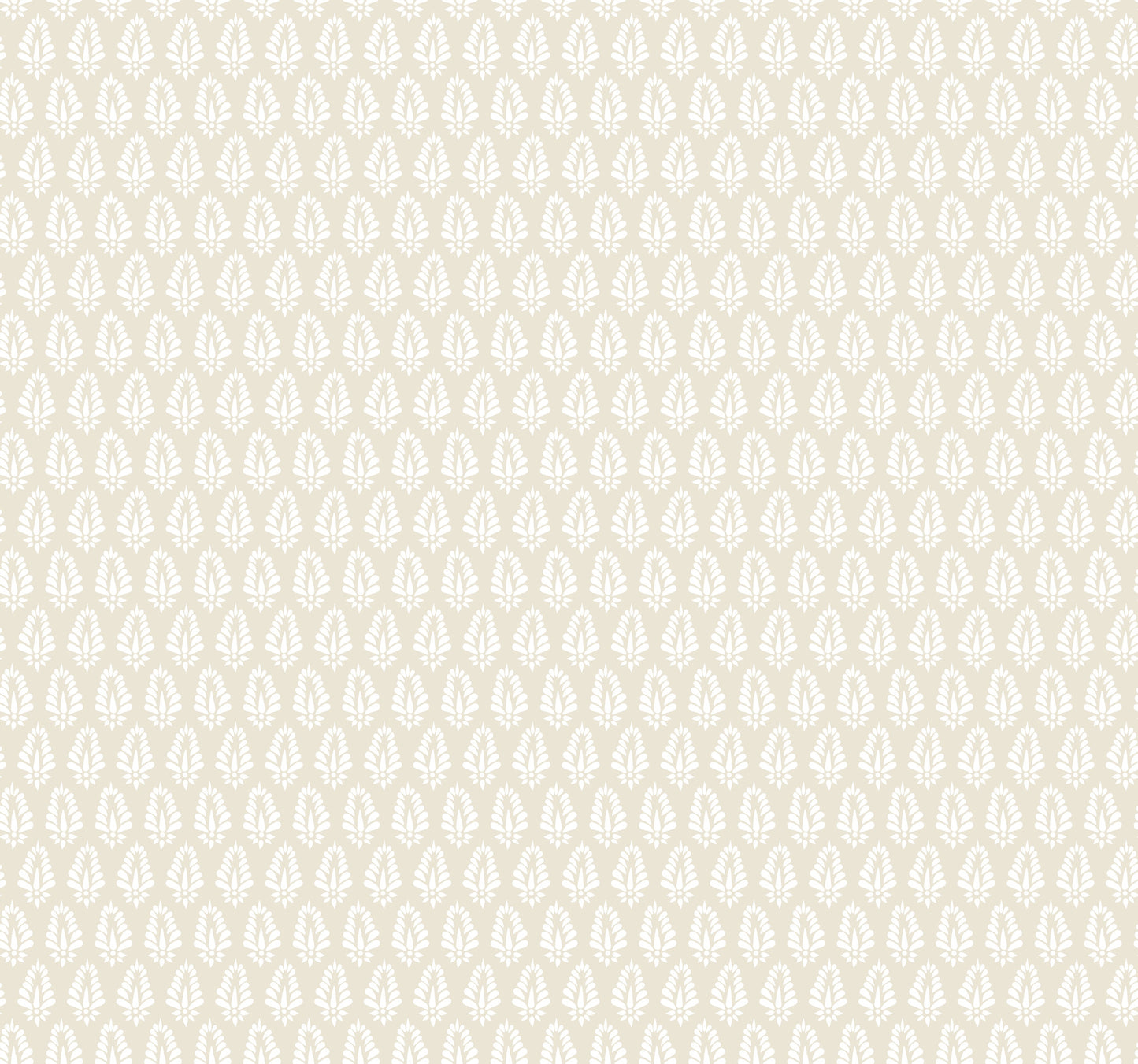 Beige wallpaper with a repeating white leaf pattern, elegant damask-style wall covering for living spaces