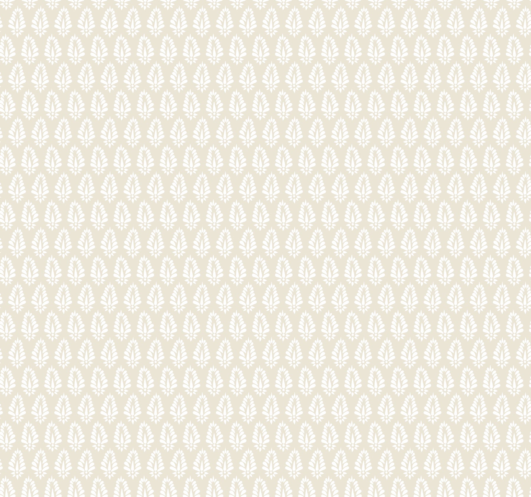 Beige wallpaper with a repeating white leaf pattern, elegant damask-style wall covering for living spaces