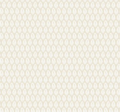 Beige wallpaper with a repeating white leaf pattern, elegant damask-style wall covering for living spaces