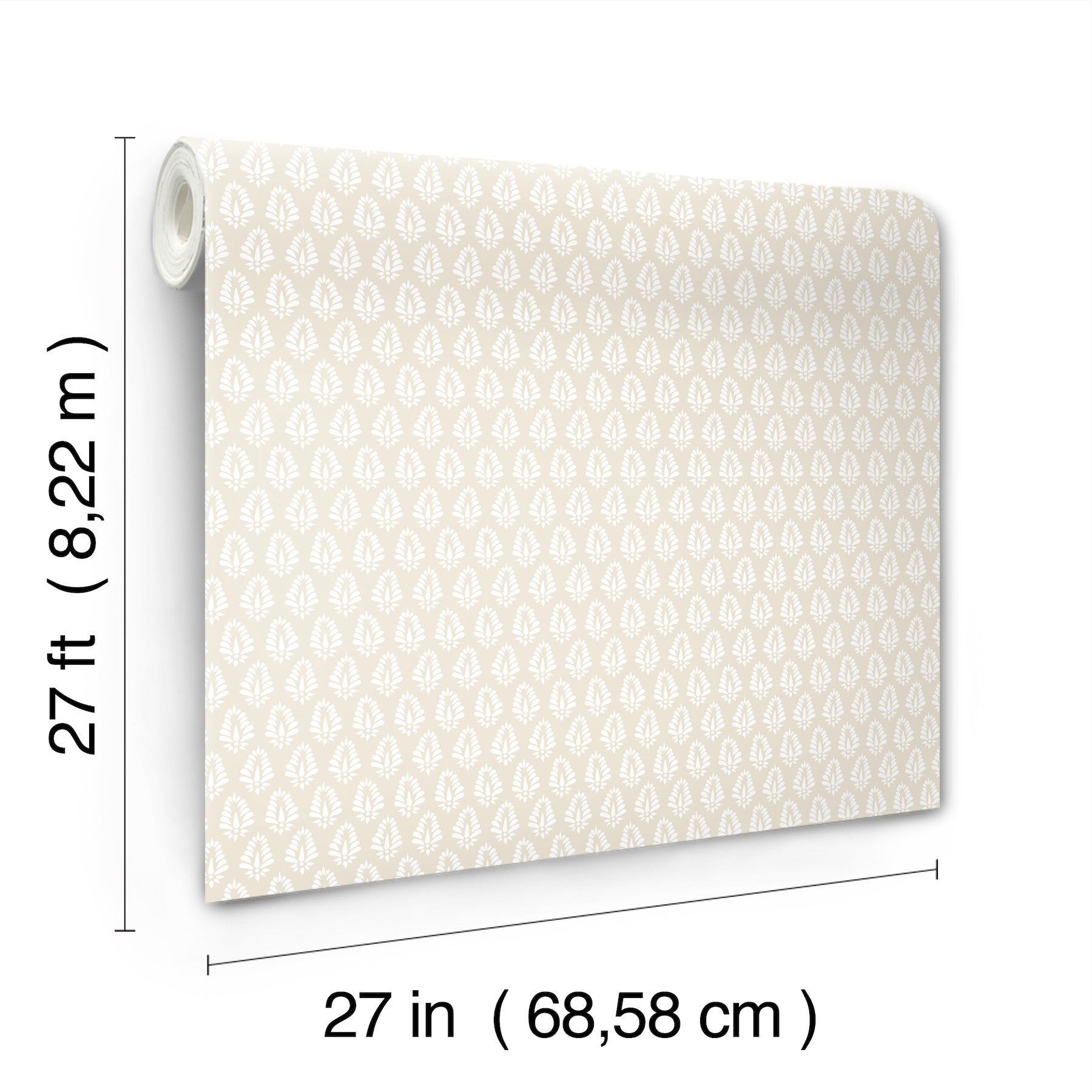 Beige wallpaper with white teardrop pattern, rolled left edge; 27 in long.
