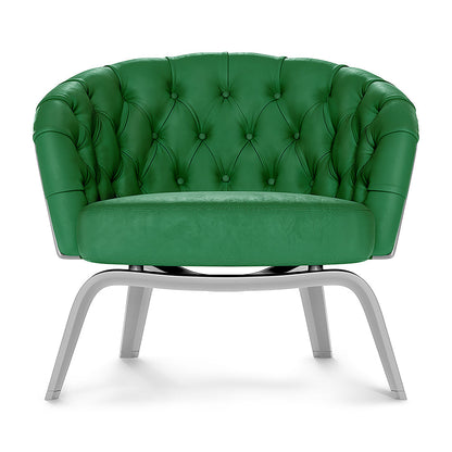 Emerald green tufted fabric lounge chair with rounded back and silver curved metal legs