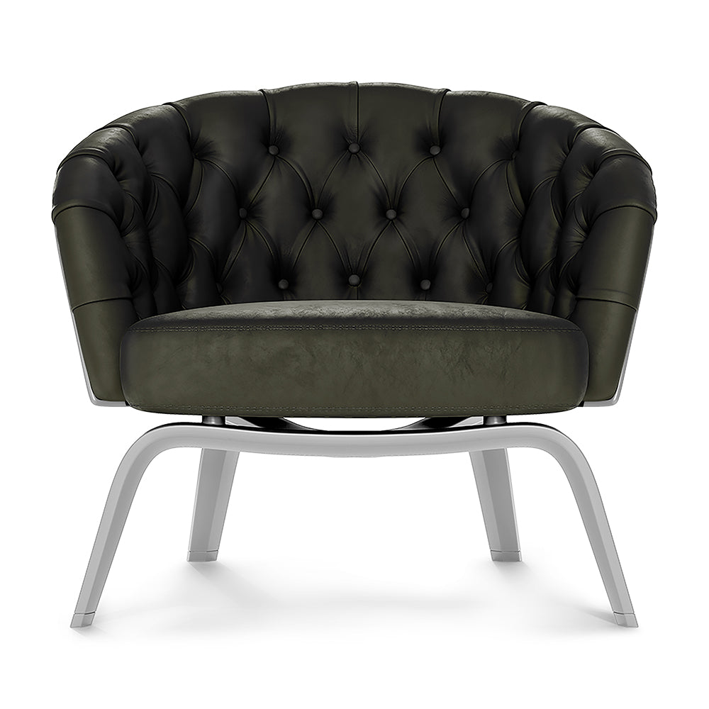 Brown solid fabric lounge chair with curved back and chrome legs.