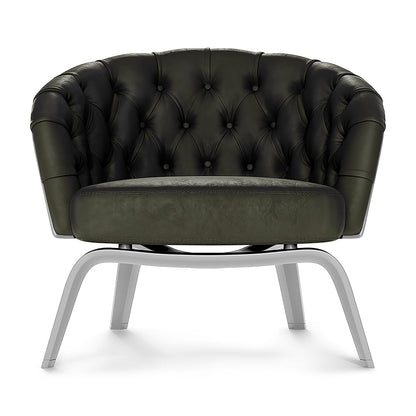 Brown solid fabric lounge chair with curved back and chrome legs.