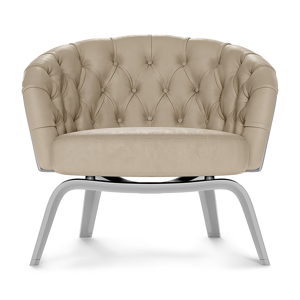 Taupe solid-fabric barrel chair with a plush cushion and curved metal legs for modern living spaces.