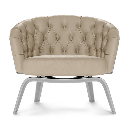 Taupe solid-fabric barrel chair with a plush cushion and curved metal legs for modern living spaces.
